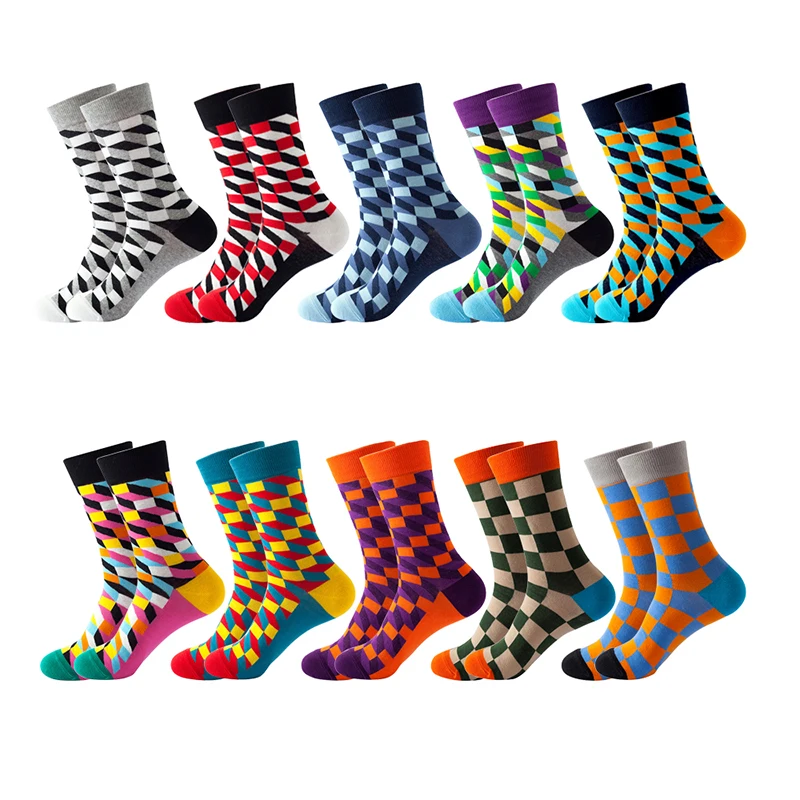 

1 пара забавных носков, модные мужские и женские носки в стиле хип-хоп, счастливые красочные клетки с бриллиантами, Harajuku, скейтборд, хлопковые повседневные деловые носки