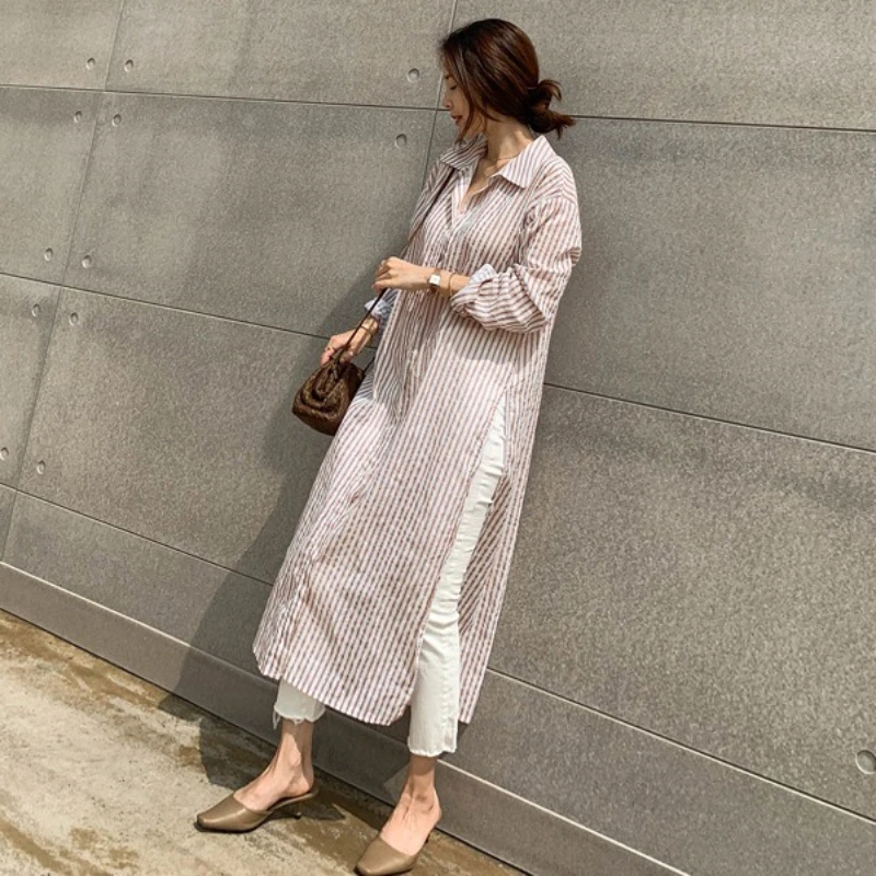 REALEFT Spring Summer Vintage Striped Women\'s Shirts Dress 2024 New Long Sleeve Single Breasted Korean Casual Loose Dresses