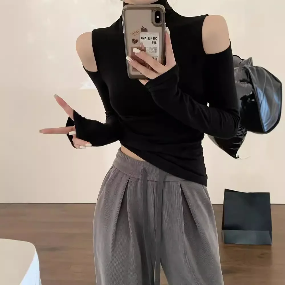 

Осенняя корейская модная футболка Y2K, женская водолазка, сексуальная футболка, женская футболка с открытыми плечами, белые винтажные белые топы, одежда