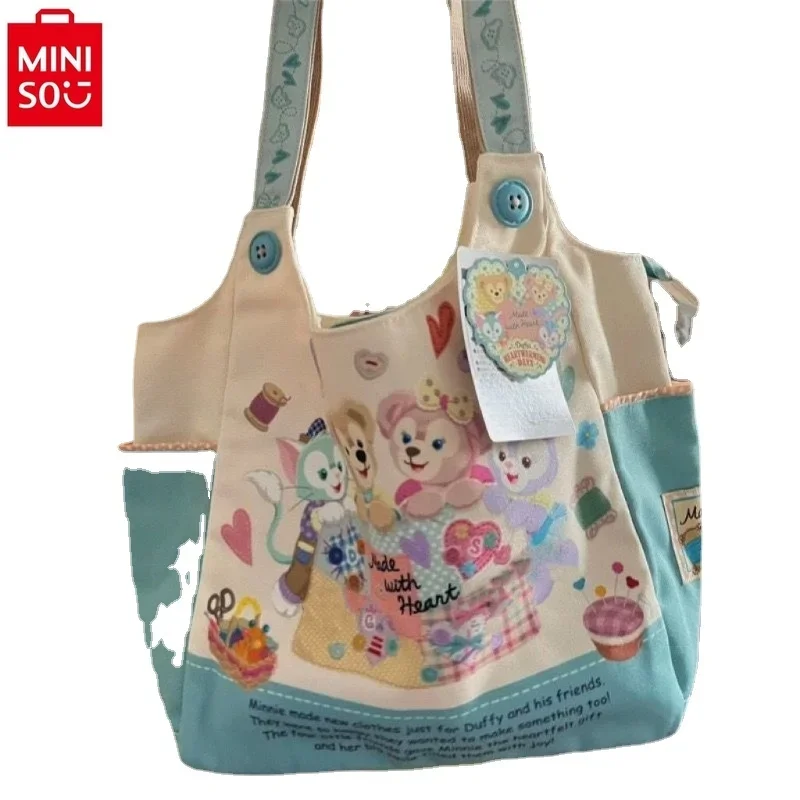 MINISO Disney Cartoon Duffy Bear Printed Student Shoulder Portable Canvas Bag Simple, Sweet, Versatile Handheld Shoulder Bag