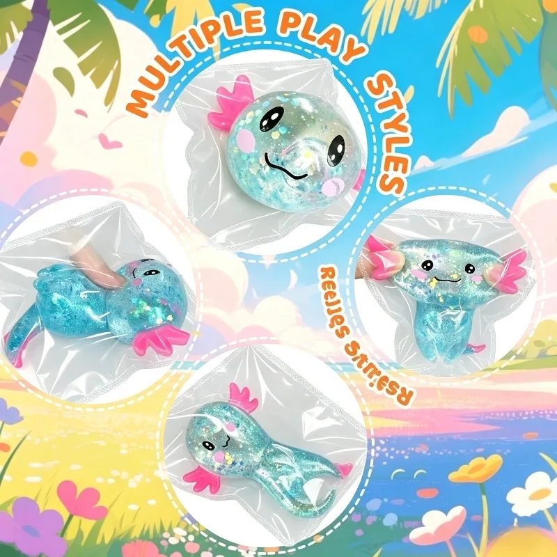 Juguete Antiestrés de Axolotl Multicolor con Purpurina, Suave, de Tpr, para Apretar, Juguete Sensorial de Salamandra Kawaii para Aliviar el Estrés