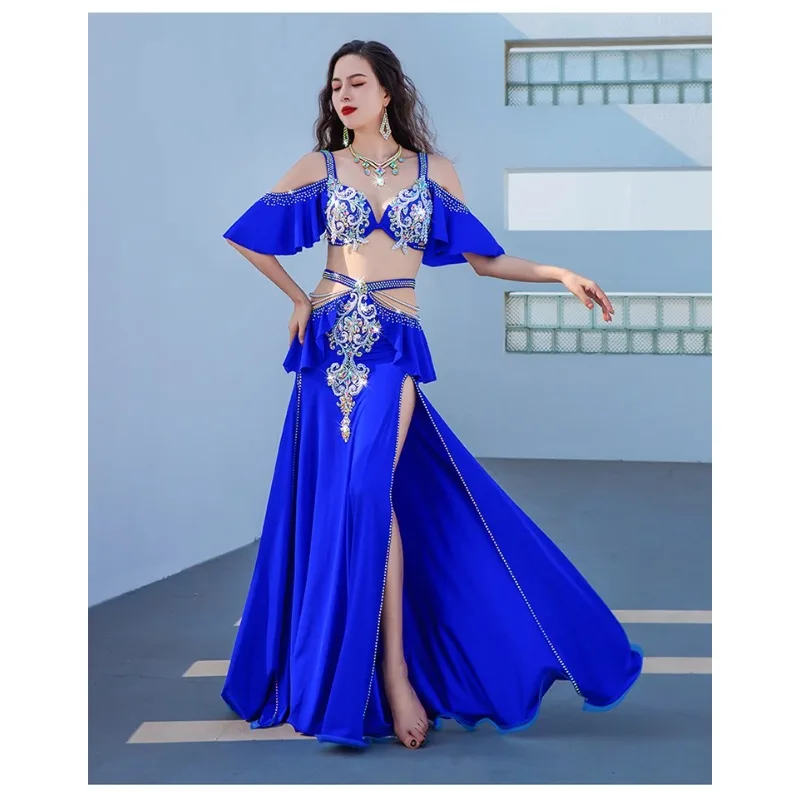 Top Egyptian BellyDance Costume Set Exquisite Pearl Bra+rhinestone Split Long Skirt Women Oriental Dance Performance Costumes