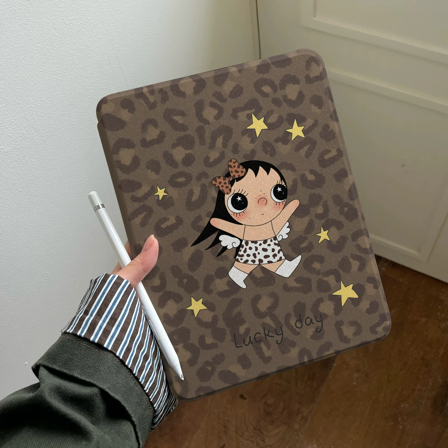 Leopard Print Little Jade Girl Cute Cover For iPad Pro 13 11th M5 M4 12.9 A16 11 12th Air 5 7 8 M2 M3 Mini Tablet Rotate Case