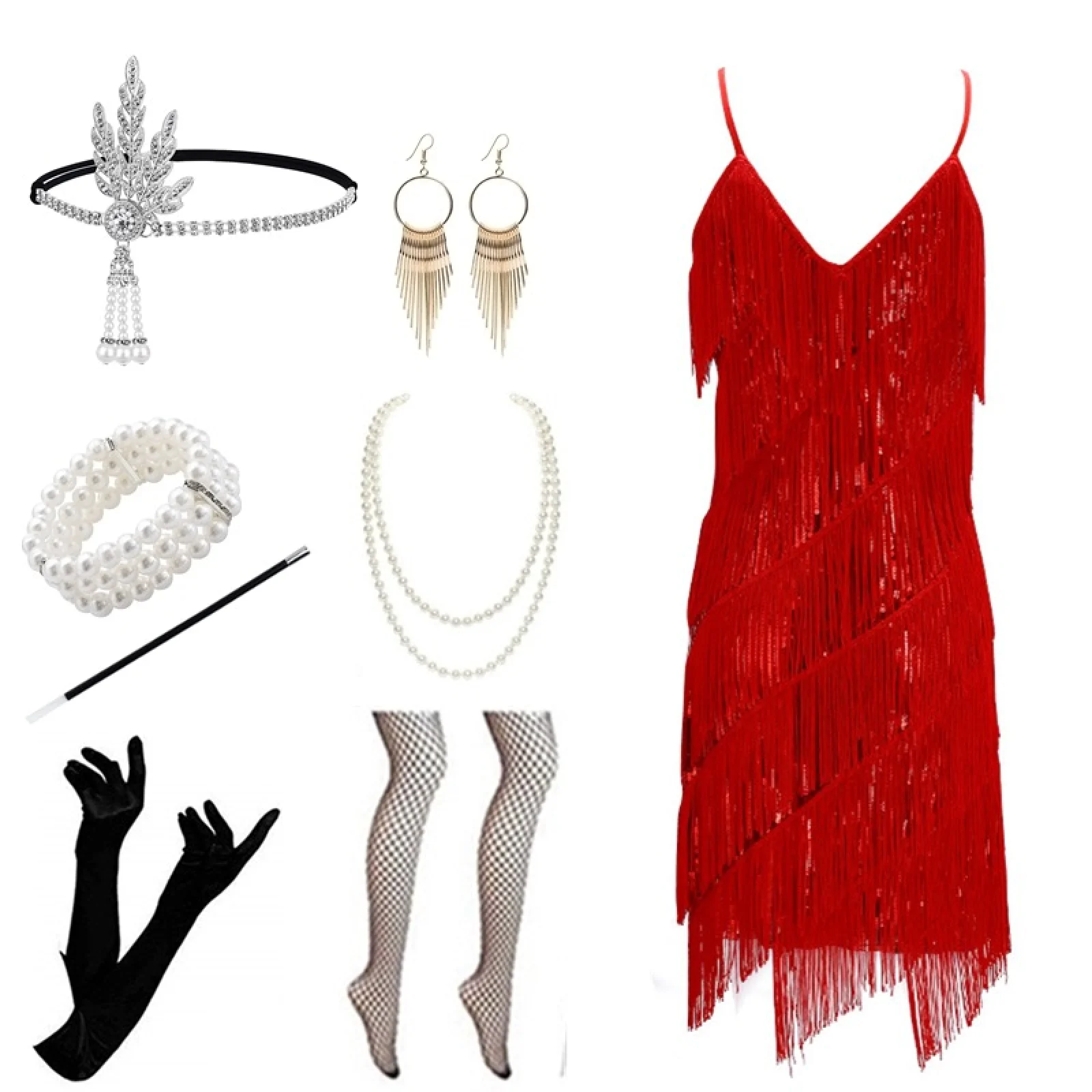 Vestido feminino sem mangas com borla e lantejoulas, decote em V, lantejoulas, frisado, franjas, com acessórios para traje de baile de Halloween