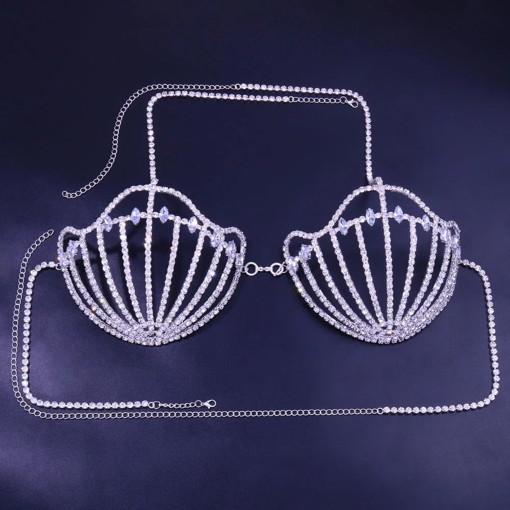 Sexy Mermaid Rhinestone Shell Bra Top Beach Bikinis Accessories New Summer Lingerie Hollow Crystal Chest Body Chain Outfit Party