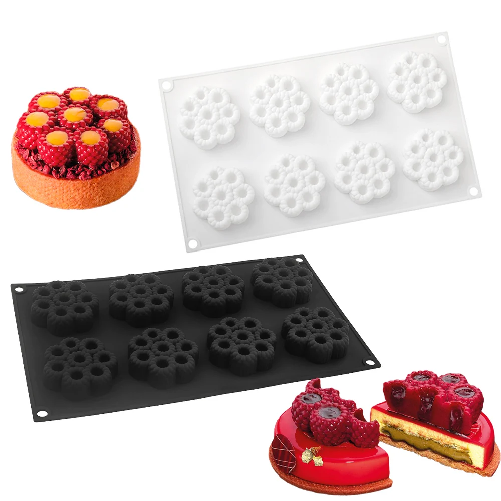 Molde de silicona para pastel de Mousse, tarta de frambuesa de 8 cavidades, decoración de flores de frambuesa, tarta de fruta, Chocolate, postre, molde para hornear