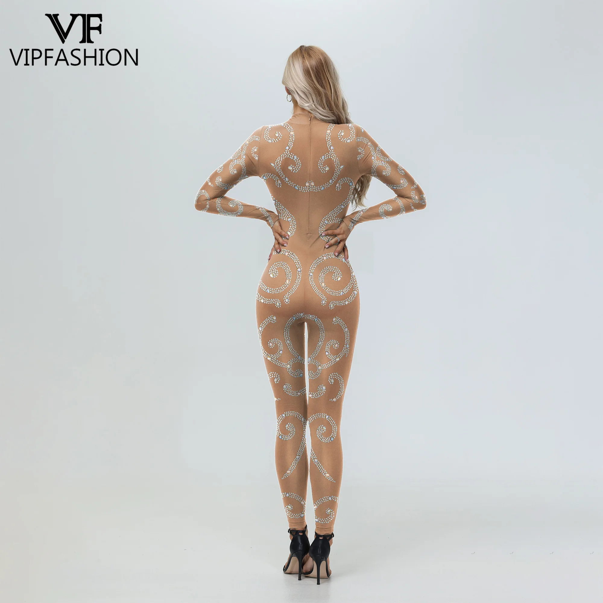 VIP FASHION Damski Kombinezon z Nadrukiem Kryształów 3D Diamentów na Imprezę Pokazową, Kostium Cosplay na Halloween, Festiwalowy Zentai Catsuit