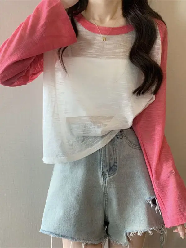 Csa Base de Manga Longa em Estilo Americano com Bloco de Cores para Mulheres, Verão, Proteção Solar e Ar Condicionado