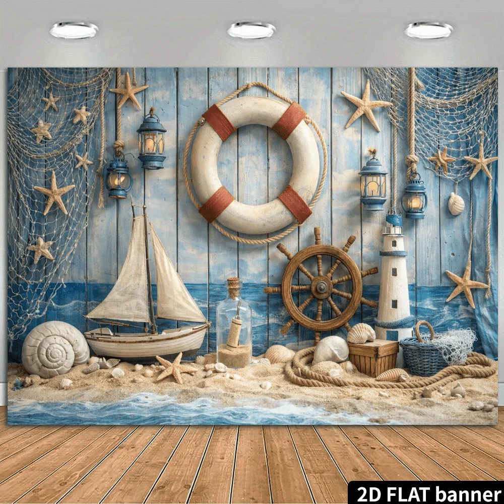 Tapiz Decorativo 2D Plano con Diseño Náutico de Bote Salvavidas, Estrella de Mar, Timón de Barco, Faro y Playa, Arte de Pared Costero para Sala de Estar, Impresión con Temática Oceánica