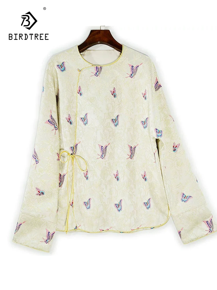 

BirdTree-Song Brocade Silk Elegant Shirt, Women O Neck Butterfly Jacquard, Retro Commute Chic Loose Blouse, 2025 Autumn T5O303CC
