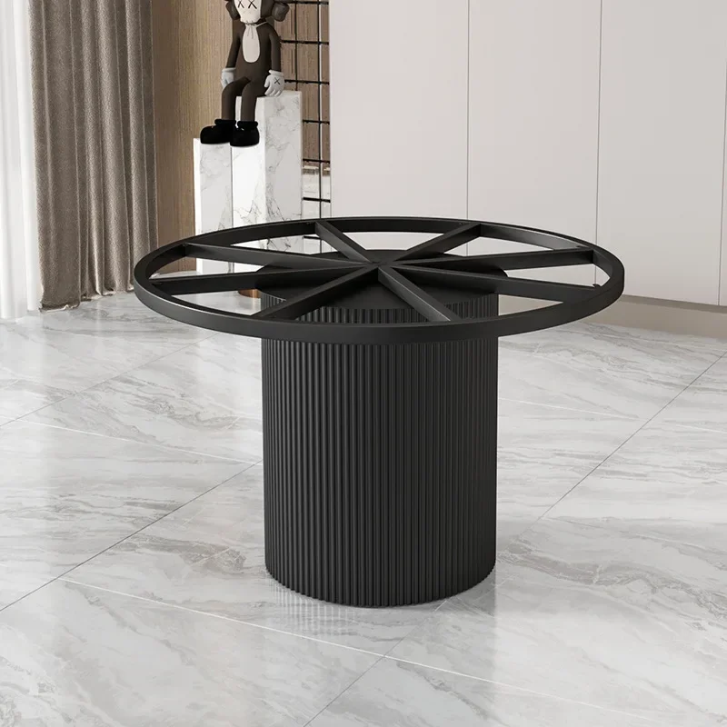 Slate table legs, cylindrical semi-oval dining table, marble base, wrought iron bracket