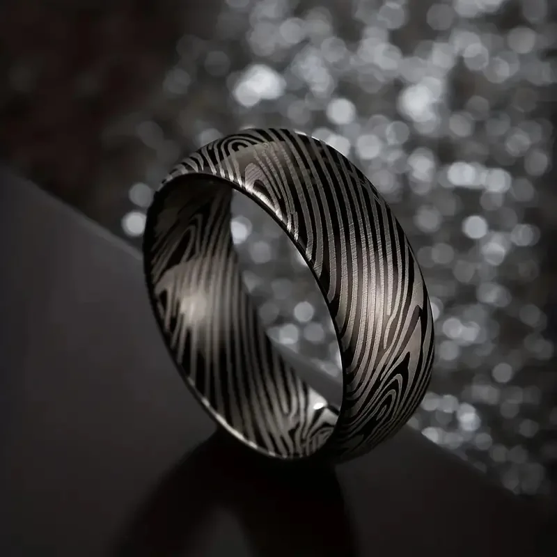 Black Couple Tide Titanium Steel Finger Ring Wedding Jewelry for Men New Damascus Steel Grain Titanium Steel Ring