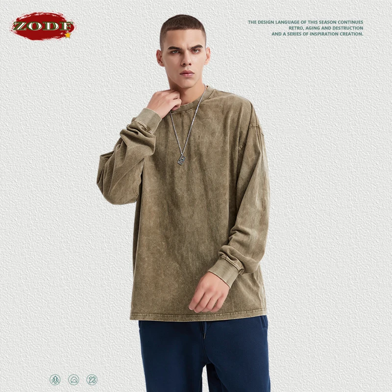 ZODF Retro 2023 Men Long Sleeve Washed Cotton T Shirt Unisex Loose 250gsm Basic Atumn TEES Tops Brand Streetwears HY0394