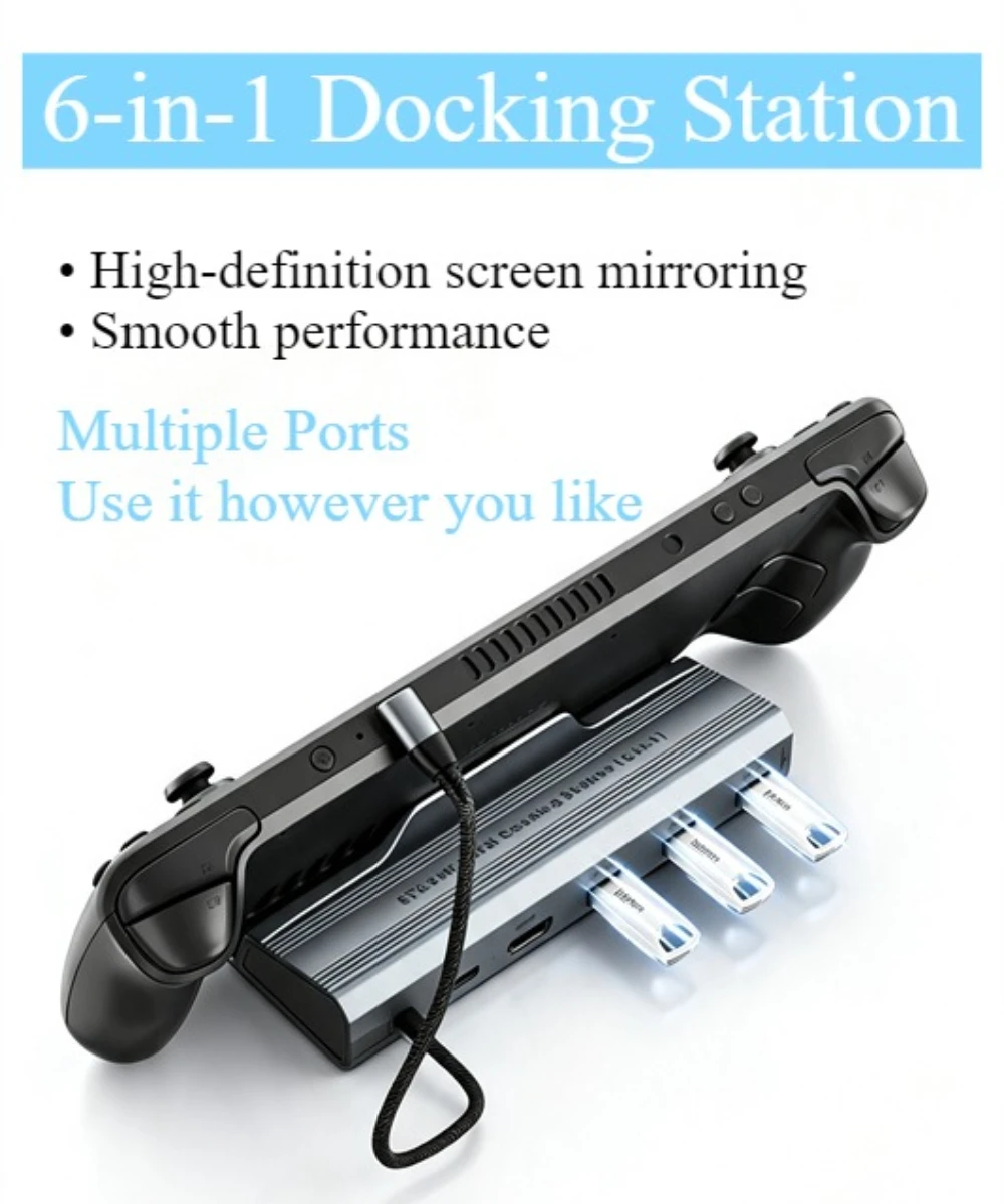 6 in 1 Docking Station USB C Hub Handheld Game Console 4K 60Hz Ideal for Gamers
