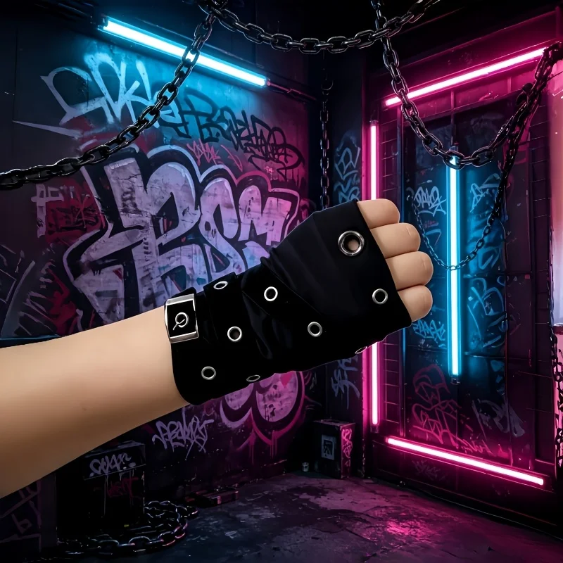 2/1 Pair of Punk Harajuku Style Dance Sleeves, Motorcycle Style Sleeves, Wasteland Style Dopamine Street Dance Performance Dance Sleeves, Wasteland Style Fashion Black Motorcycle Style Sleeves, Y2K Women's Half-Fingerless Gloves with Metal Buckles, Dark Punk Ins