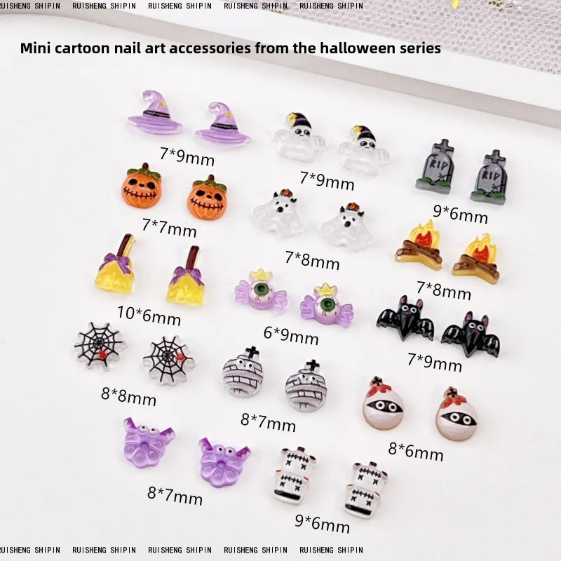 LYLE 20Pcs New Mini Cartoon Halloween Nail Charms Funny Ghost Witch Hat Kids Wearable Nail Art Decorations Mixed Resin Bling Set