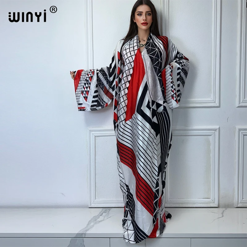 WINYI Africa boho print Kimonos african dresses for woman Cardigans maxi kaftan beach cover up evening dress long down coat