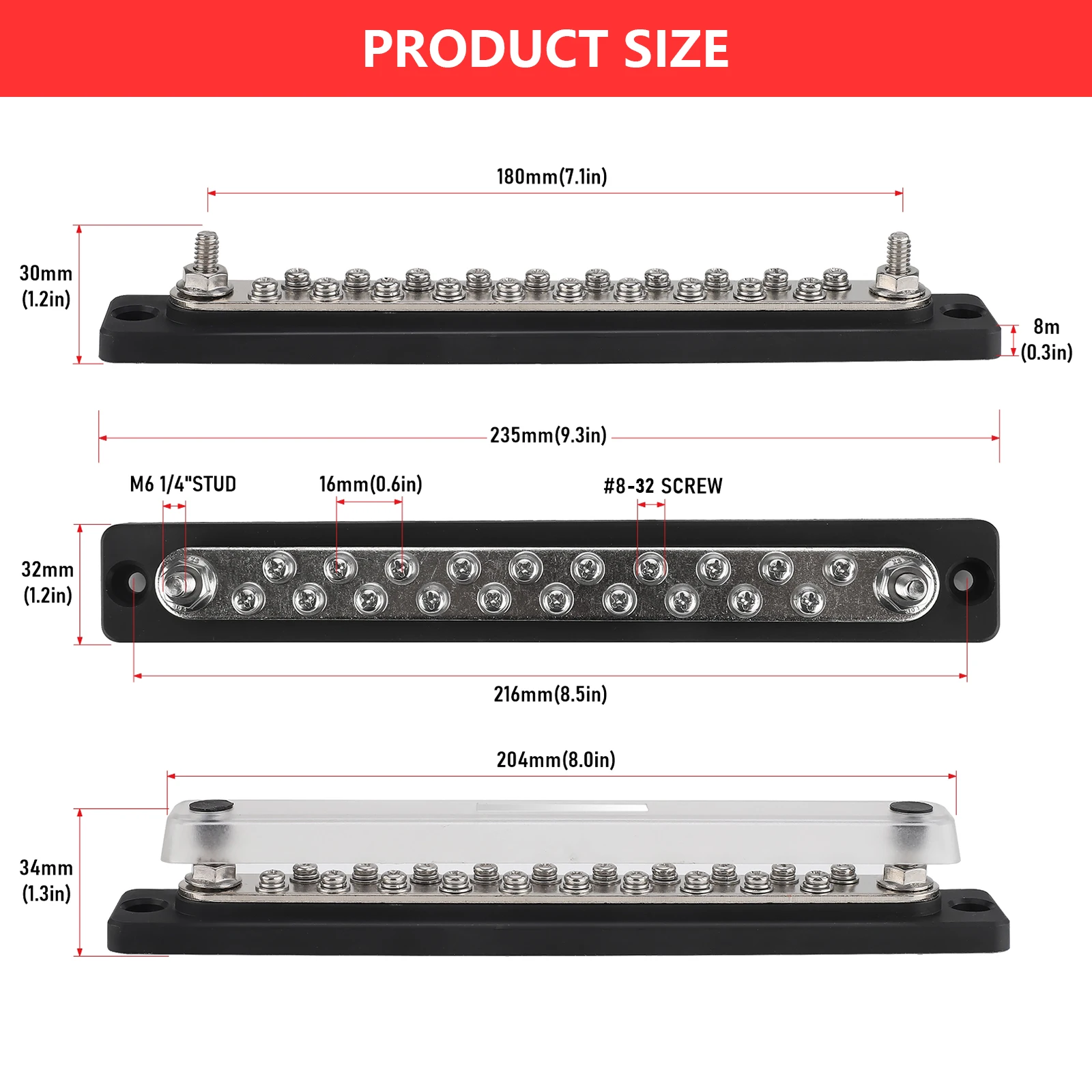 20 Way Terminal Distribution Block Current Rating 150A 36V DC Terminal Copper Bus Bar For Car RV Marine Solar Truck Black