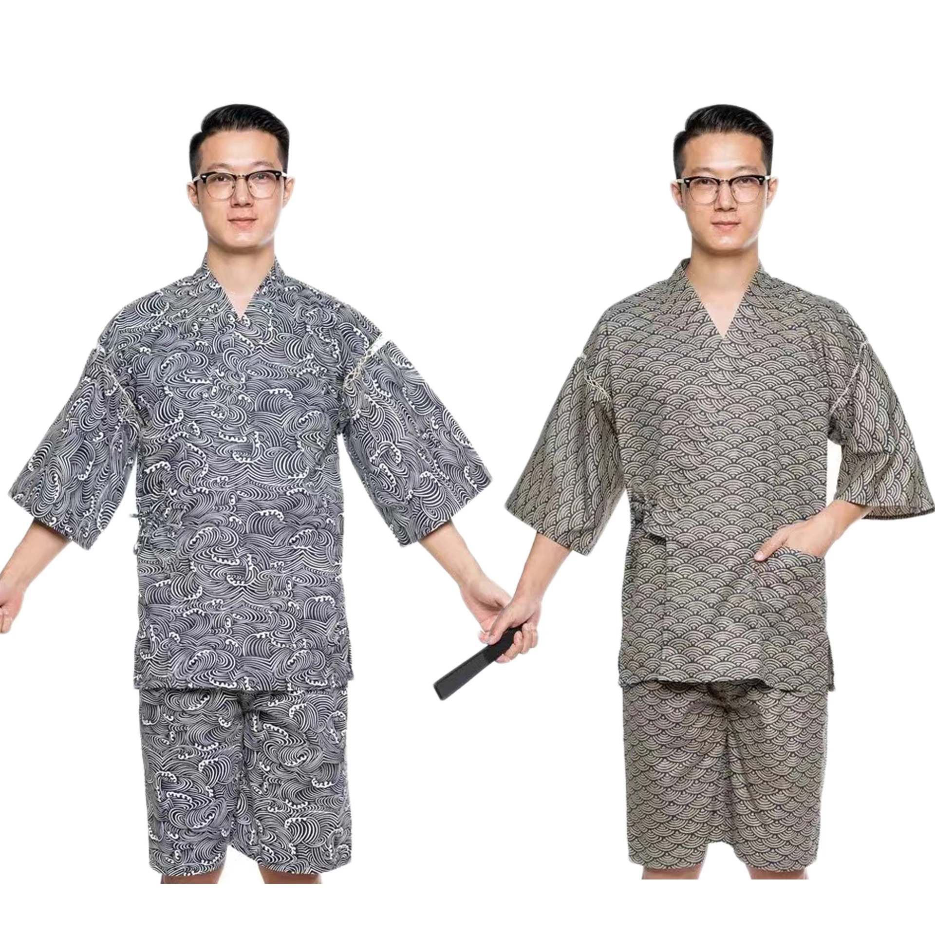 2023New Summer Japanese Traditional Samurai Kimono For Man Retro Yukata Short Sleeve Bathing Robe Hekoobi Sauna Wear Homewear