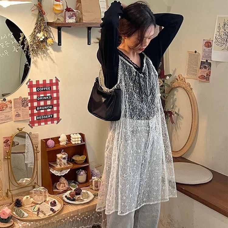 สั้นบาง SHEER ลูกไม้ตาข่ายสีขาว SLIP Dress ผู้หญิงเกาหลีสไตล์แฟชั่น COVER UPS ฤดูร้อนน่ารักโปร่งใสแขนกุดชุด