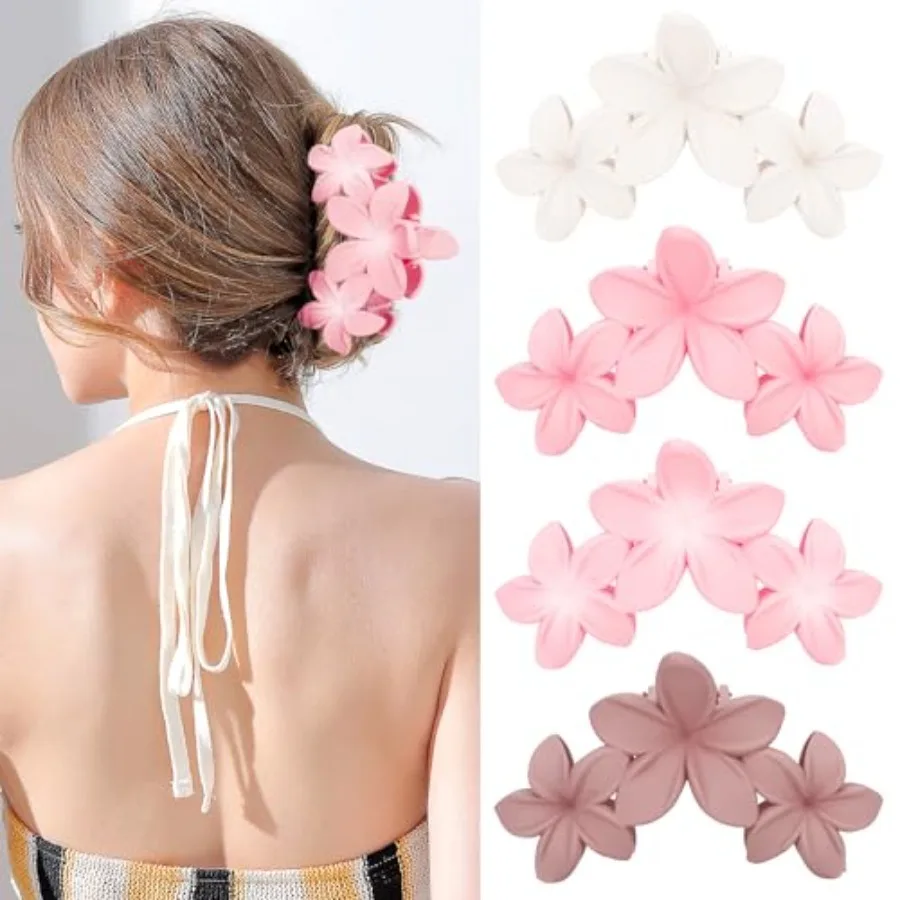 Flower Claw Hawaiian Hair Clip, 4PCS Large Plumeria Hair Clips for Women, Non-Slip Strong Hold Clips for Thick Hair, Beach Hair