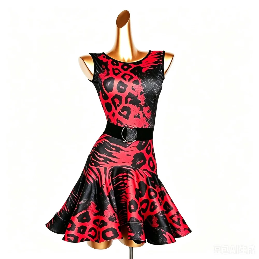 Women Sleeveless Leopard Print Latin Dance Dress Milk Satin Flared Skirt Cha Cha Salsa Competition Costume With Belt