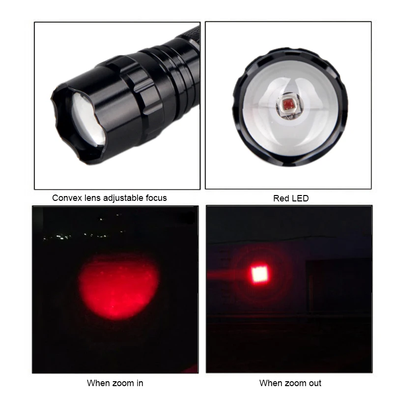 300 Yards Zoomable Red Flashlight Predator Professional Night Hunting Varmint Hog Torch Tactical 1-Mode Waterproof Lantern