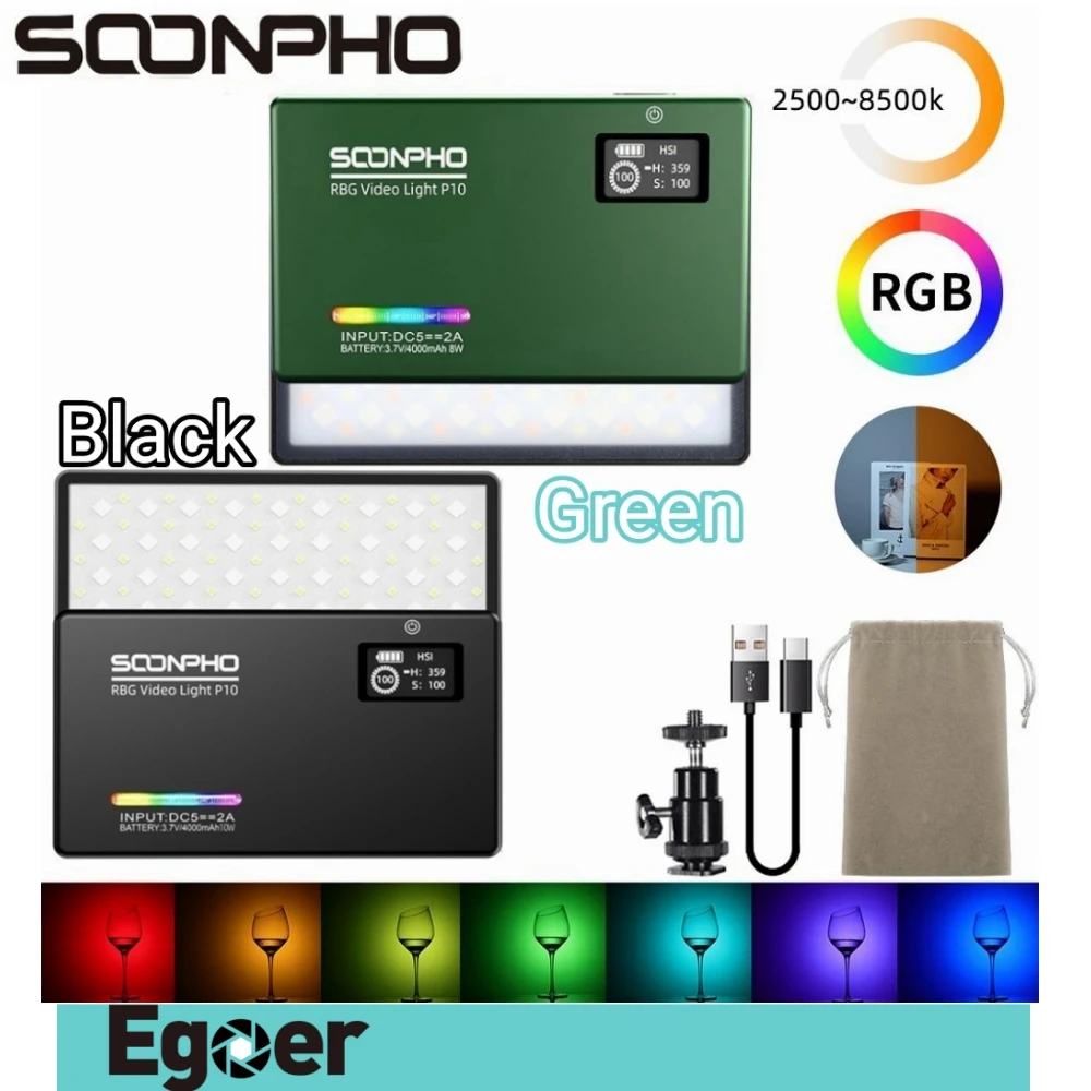 Soonpho P10 RGB LED Camera Light Full Color Output Video Lamp Kit Dimmable 2500K-8500K Bi-Color Panel Light CRI 95+