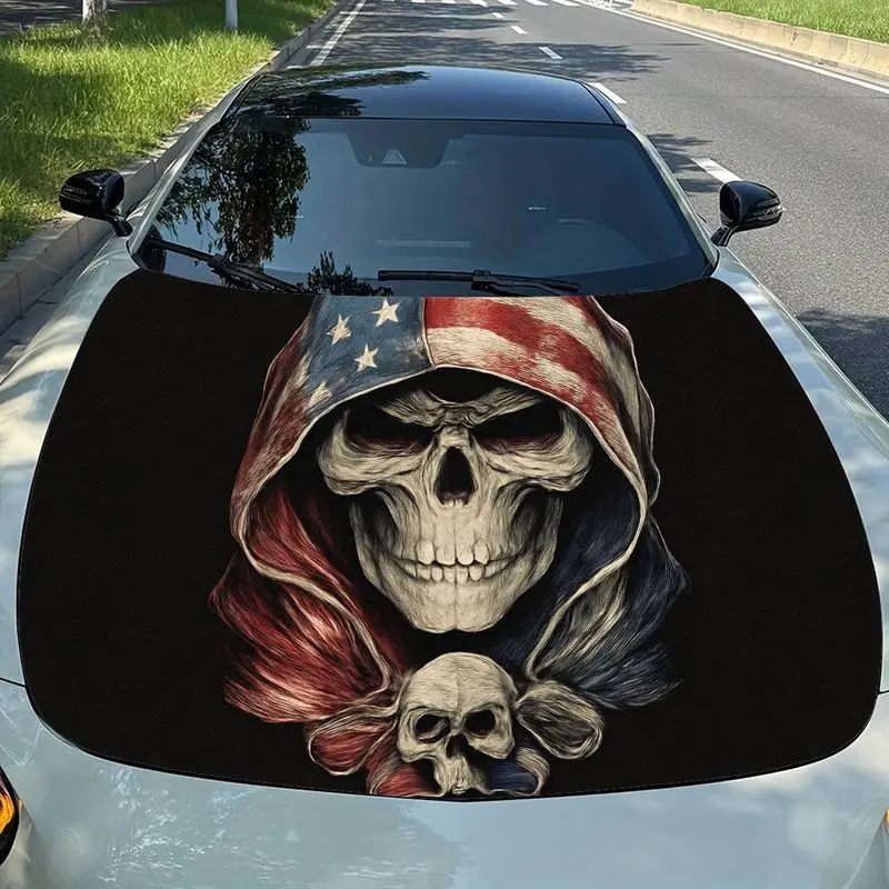 

American flag hood and crossover pattern car hood sticker, realistic creepy goth patriotic theme front decoration sticker,
