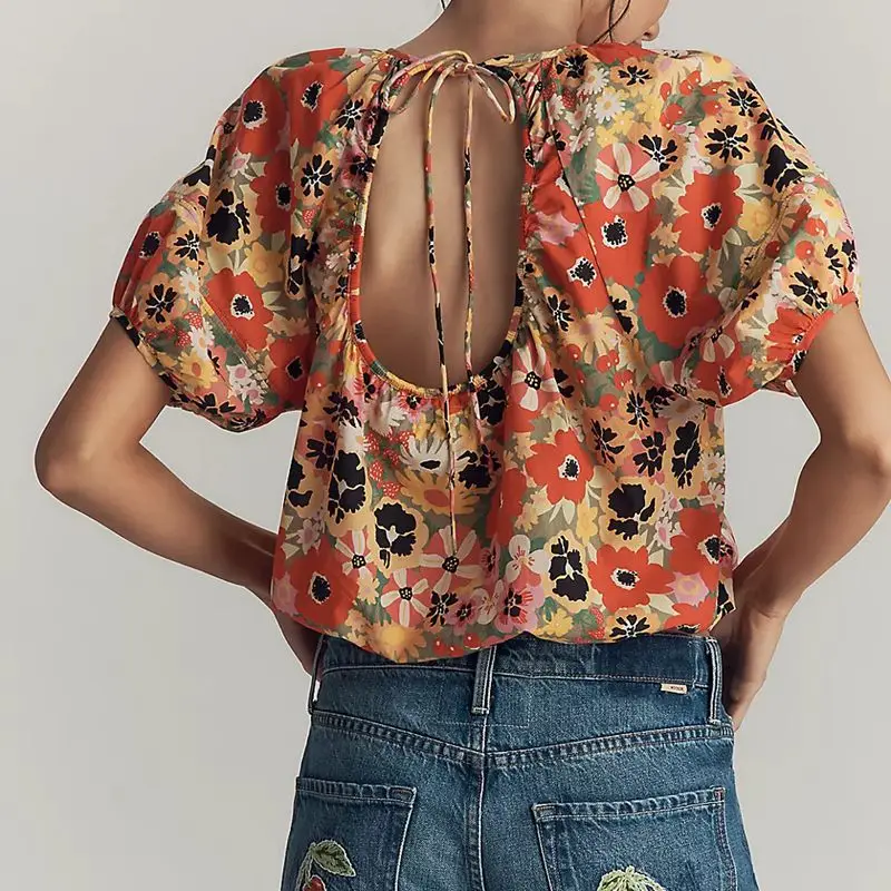 

Combhasaki Aesthetic Floral Print Shirt Women Summer Causal Loose Backless Lace-up Cutout Round Neck Bubble Short Sleeve Blouse