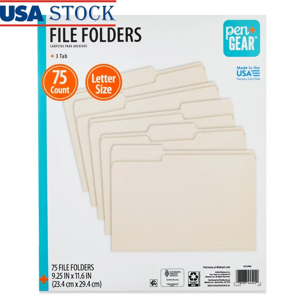 75 Count Letter Size 1/3 Cut File Folders Manila Lightweight Durable Organizers School Office Documents Receipts Customizable