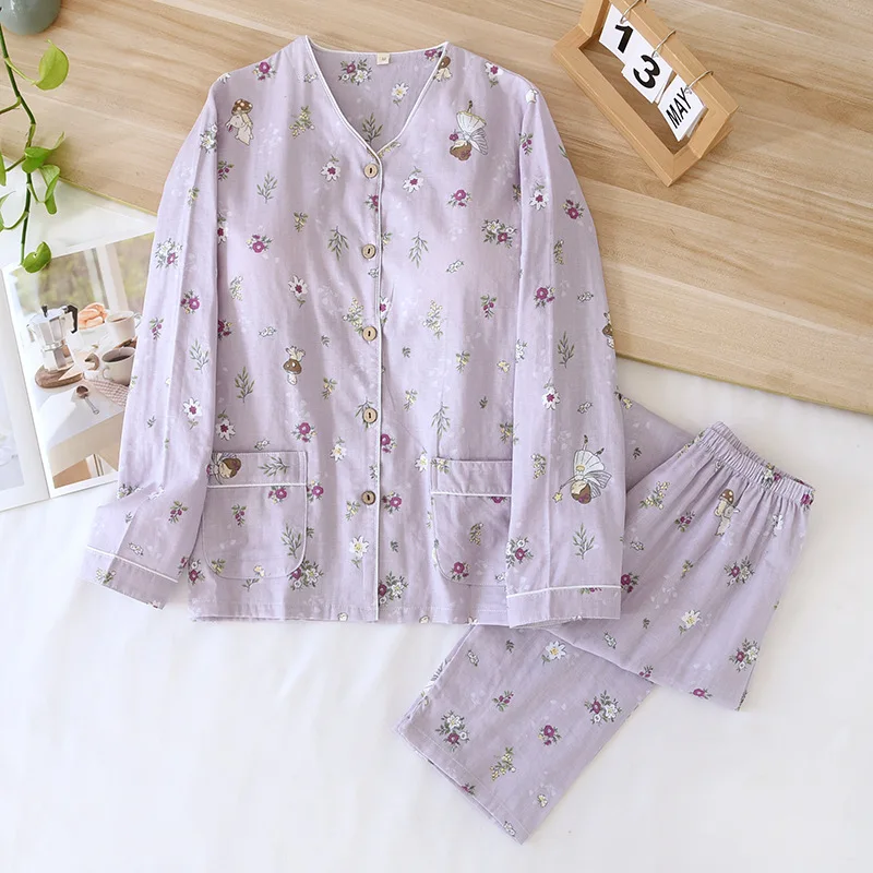 Spring Summer Pajamas Suit For Home Wear Cotton Women's Nightie Pyjamas With Chest Pads Loungewear Women Set Sleepwear