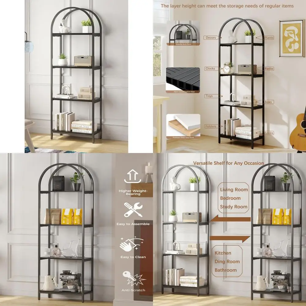 

Contemporary 4-Tier Arched Bookcase with Metal Frame, Sleek Black Finish for Home and Office Display