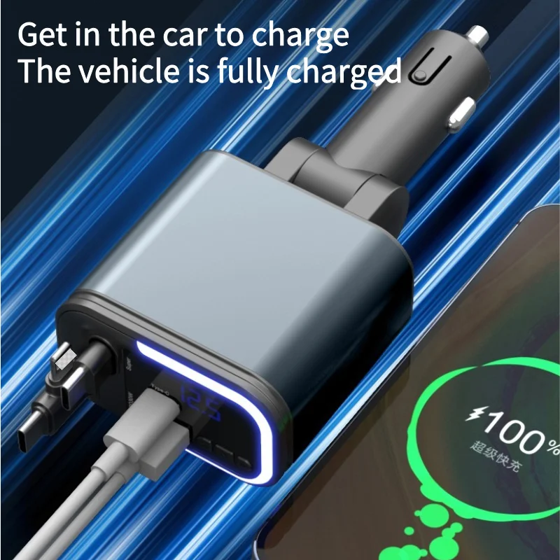 

180W 5 IN 1 Retractable Car Charger USB C Cable For Huawei Samsung Fast Charge Cord Cigarette Lighter Adapter Support Bluetooth