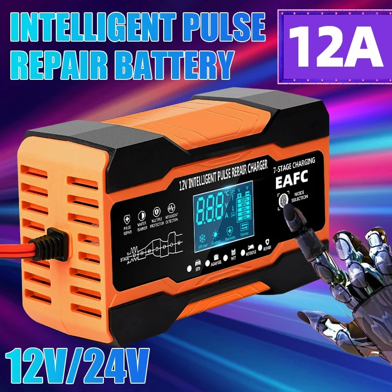 EAFC 12V Full Automatic Car Battery Charger12A/10A Digital Smart Battery Charger for SUV Truck Car AGM GEL WET Pulse Repair