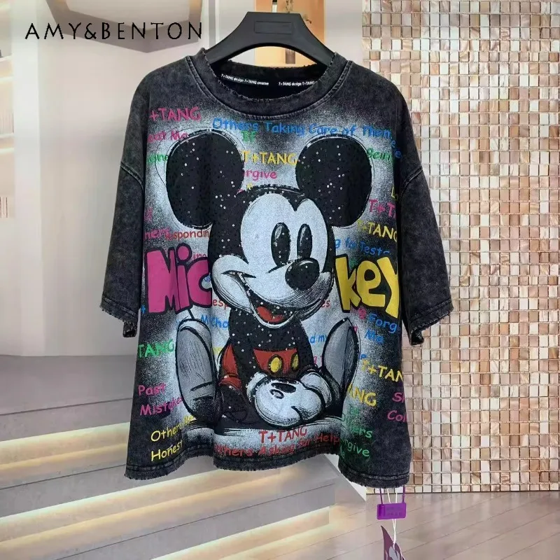 

Fashion Brand 2025 Summer New Washing Beautiful Y2k Tees Clothes Loose Casual Cartoon Oversized Short-sleeved T-shirt Top Women