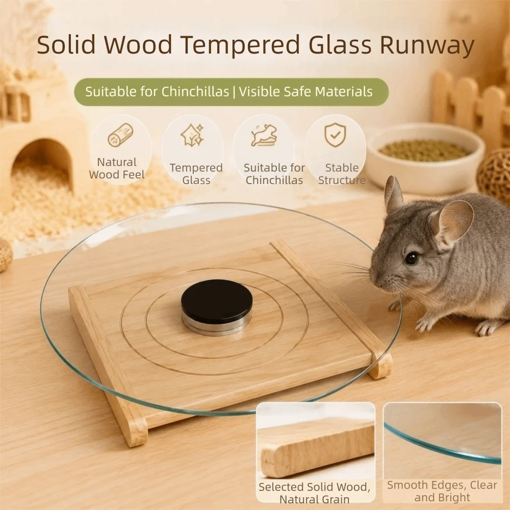 Glass Hamster Running Wheel Long-Lasting Stable Chinchilla Running Plate with Wood Base Silent Pet Exercise Toy Hamsters