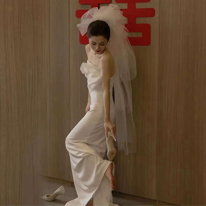 

Ele Satin Wedding Dr Bridal Outfit Simple Forest Sle Guest Arrival Dr Advanced Feeling Strapl Fi Tail Gown