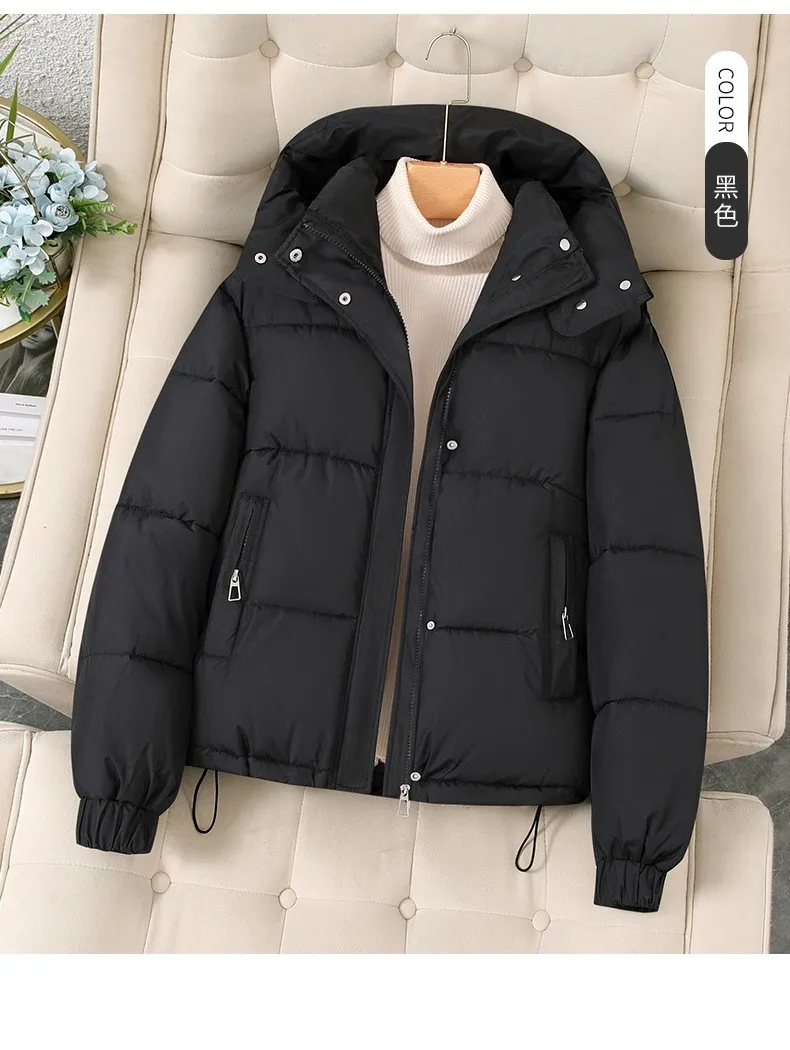 Hooded Thick Coat Short Length Urban Style with Loose Fit Long Sleeve Regular Sleeve Commuter Chic Zipper Closure Women Coats