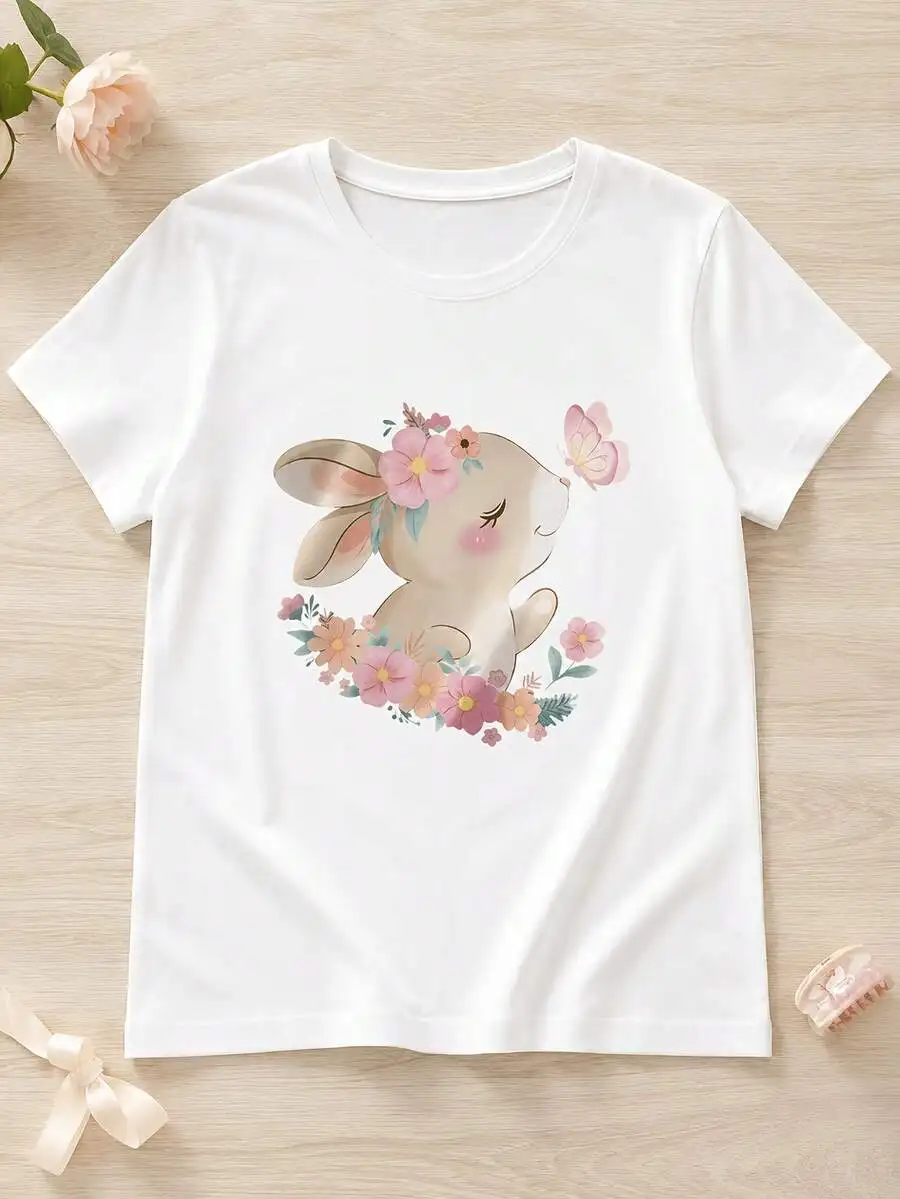 Women's Cute Bunny Floral Graphic Tee Crewneck Short Sleeve Regular Fit Cotton Casual Top Summer Daily Vacation Gift Idea