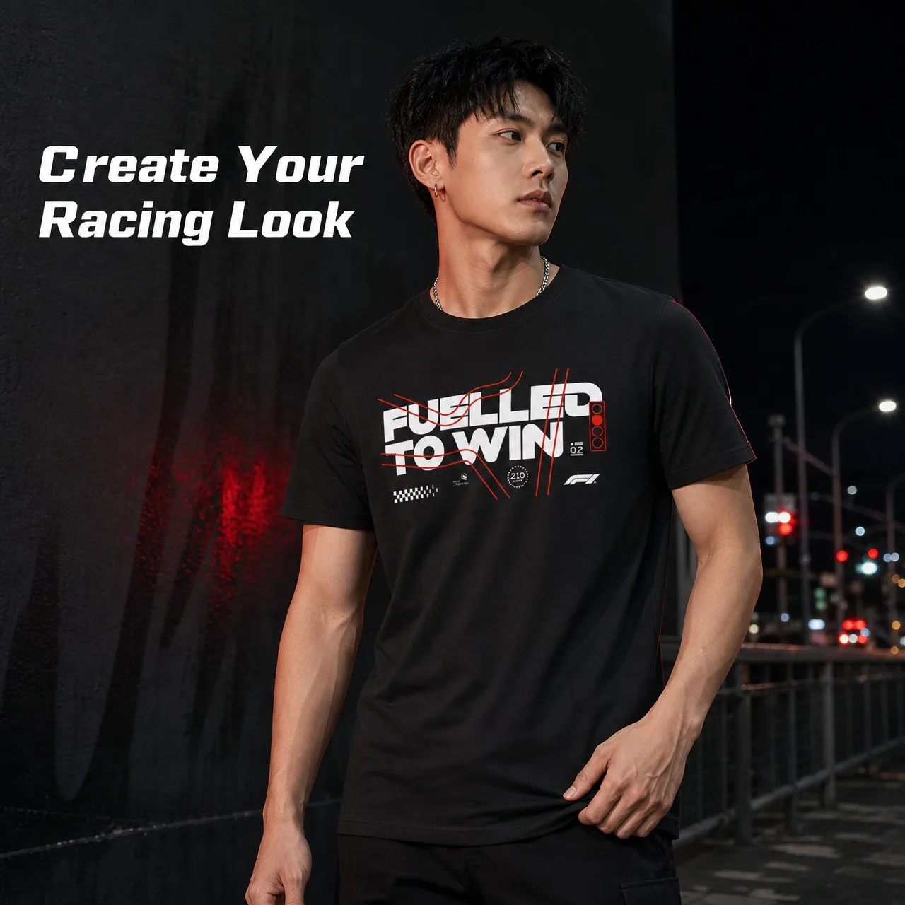Men's Black F1 Racing T-shirt Helps Win Slogan Pattern T-shirt Round Neck Short Sleeve Racing Street Wear Casual Top T-shirt
