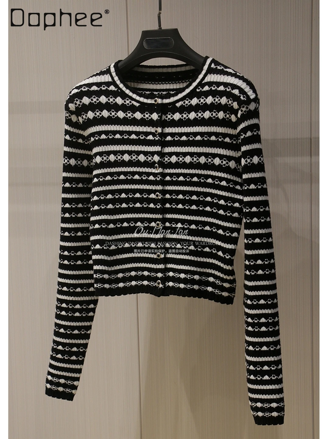 Herfst Nieuwe Franse Elegante Socialite Gestreept Gebreid Vest Vrouwen Woon-werkverkeer Stijl Mode Korte Ronde Hals Lange Mouw Truien