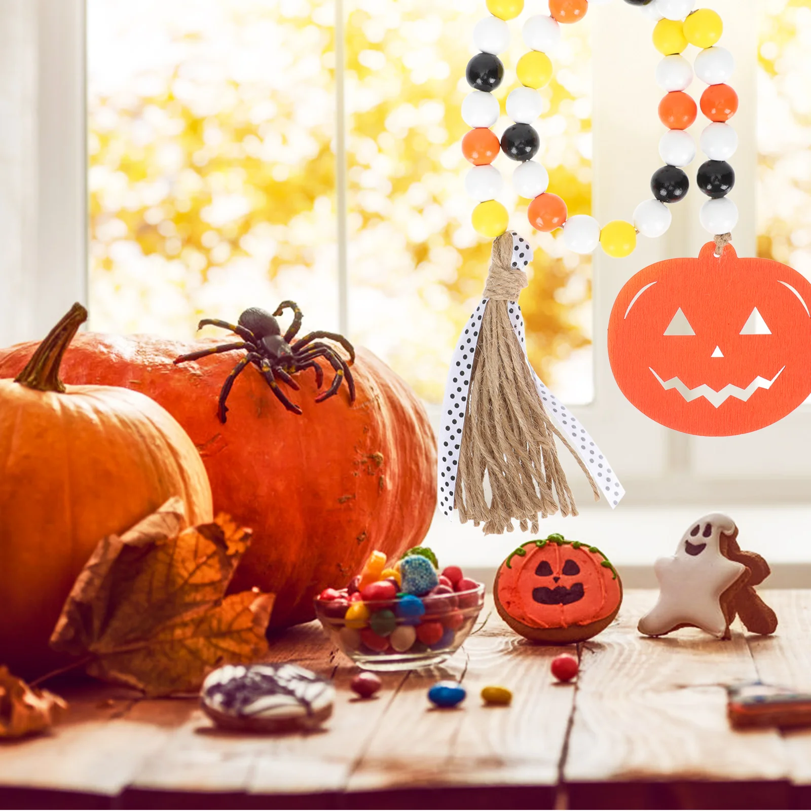 

Pumpkin Ornaments Wood Beads Halloween Tassel Garland Beaded Decoration Strands Orange Decorations