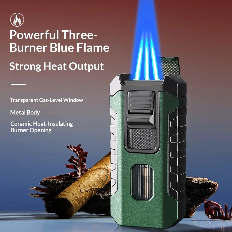 2026 Powerful 3 Fires Blue Flame Cigar Lighter Large Capacity Visible Gas Chamber Portable Metal High Quality Inflatable Lighter
