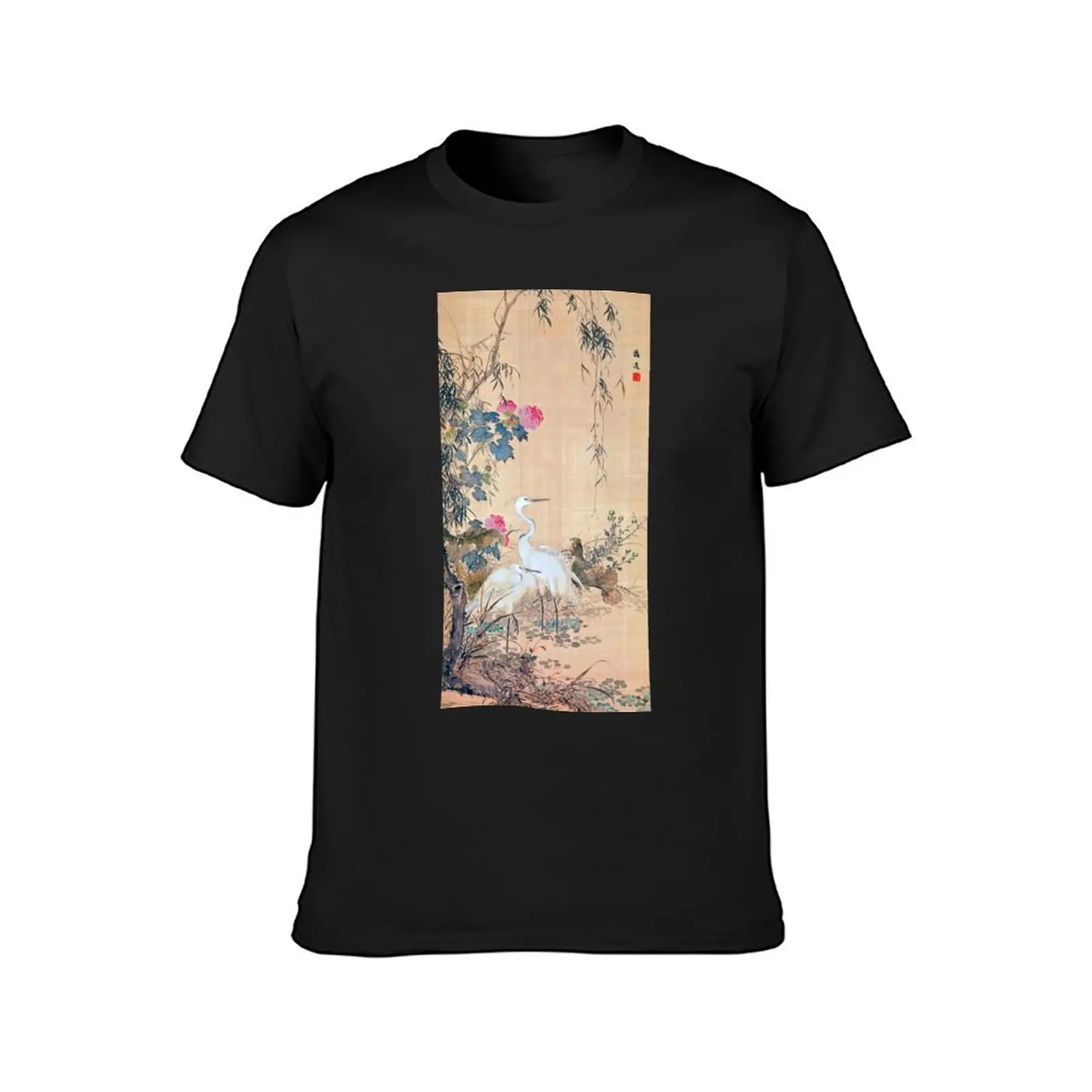 Egrets, Peonies, and Willows (Restored Japanese Artwork) T-Shirt vintage plain sweat mens t shirt