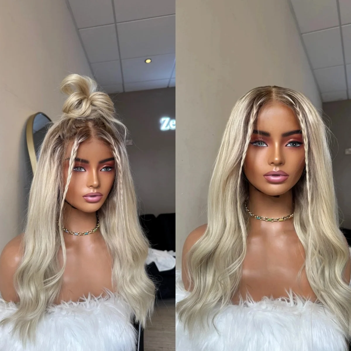 Women's Wig New Style Ash Blonde Shadow Roots Synthetic Lace Frontal Wigs Medium Length Middle Parting Pre Plucked Premium Fibre