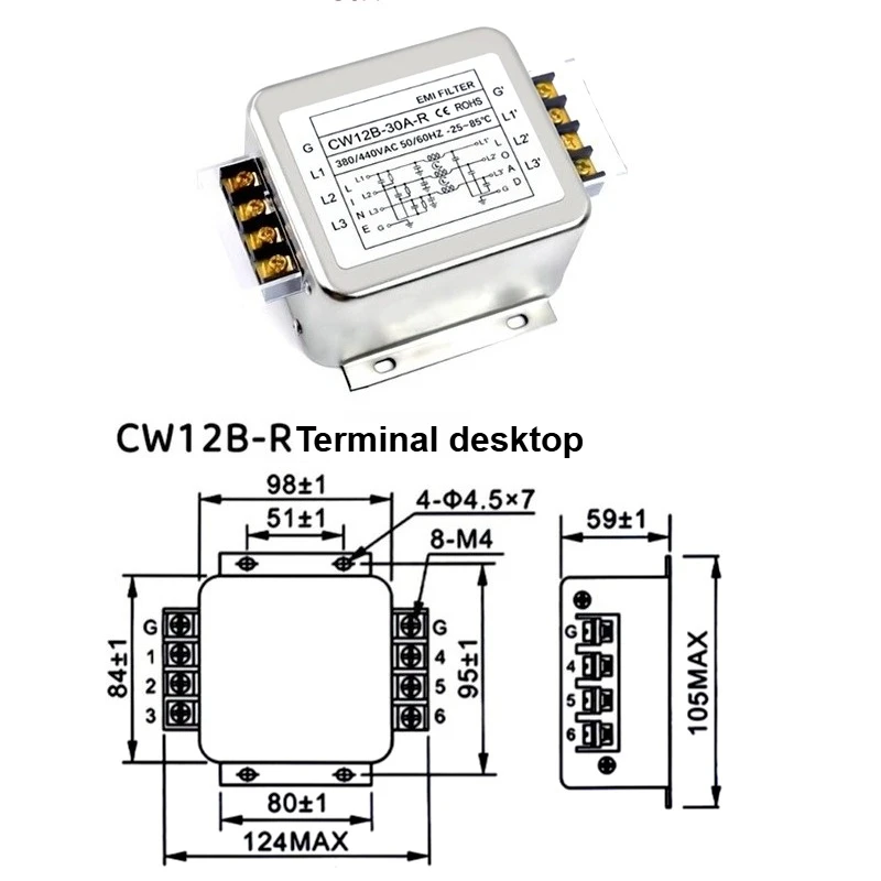 CW12B-10A/20A/30A/40A-R Three-phase three-wire power filter 380V AC Terminal type guideway CW12B-10A-R CW12B-30A-R