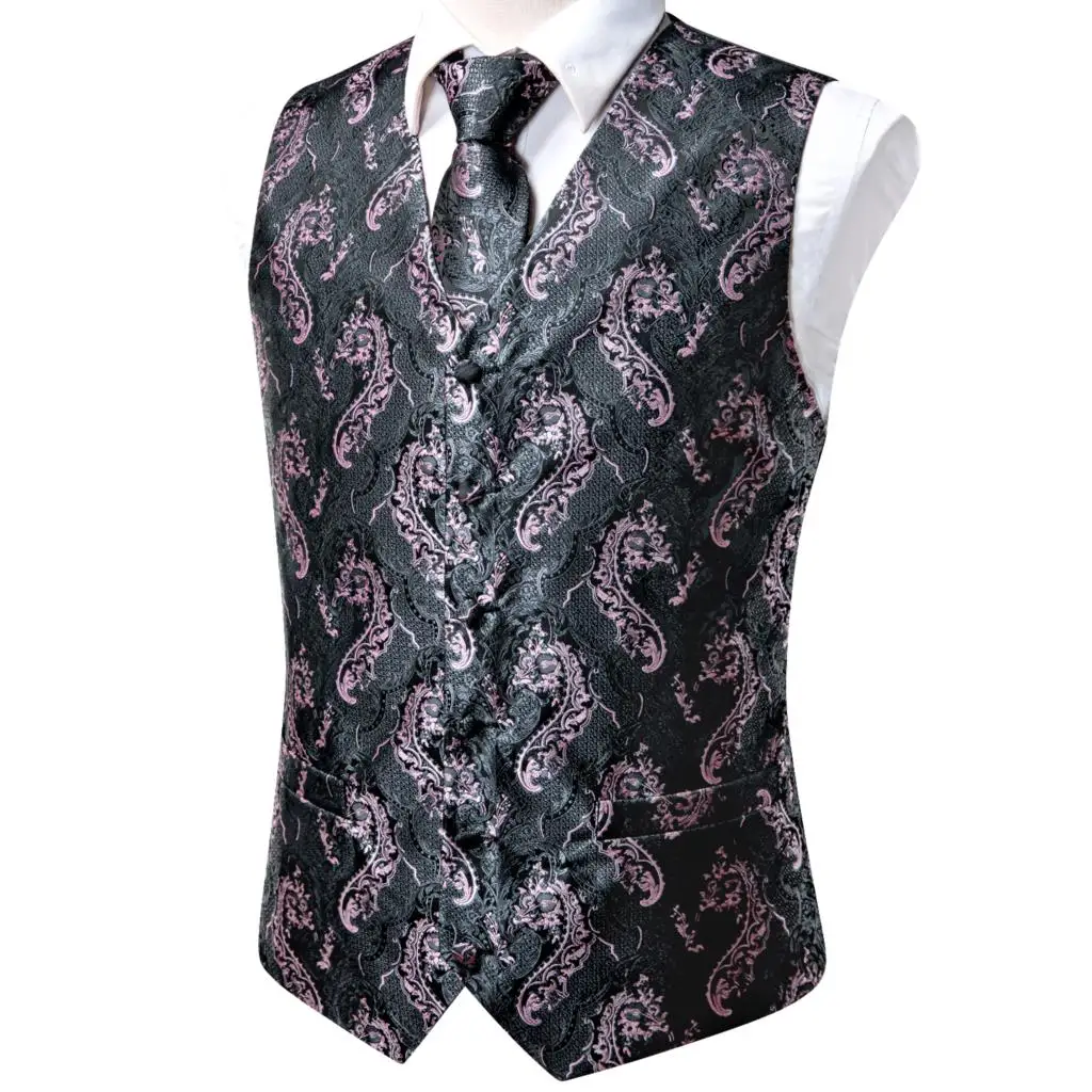 Hi-Tie Grey Pink Silk Mens Vest Tie Hanky Cufflinks Set Jacquard Floral Waistcoat Jacket Necktie for Male Wedding Business Gift