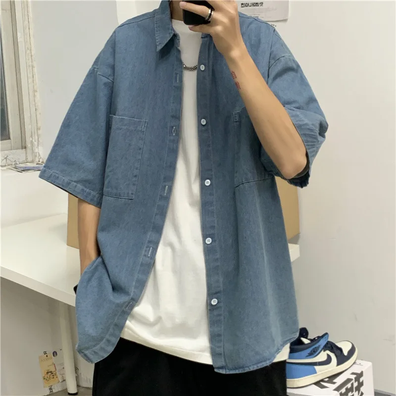 Young Cowboy Shirts Men Japanese Loose Retro Thin Plus Size Shirt Men Clothing Casual Denim Jacket Elegant Korean Style Blouse