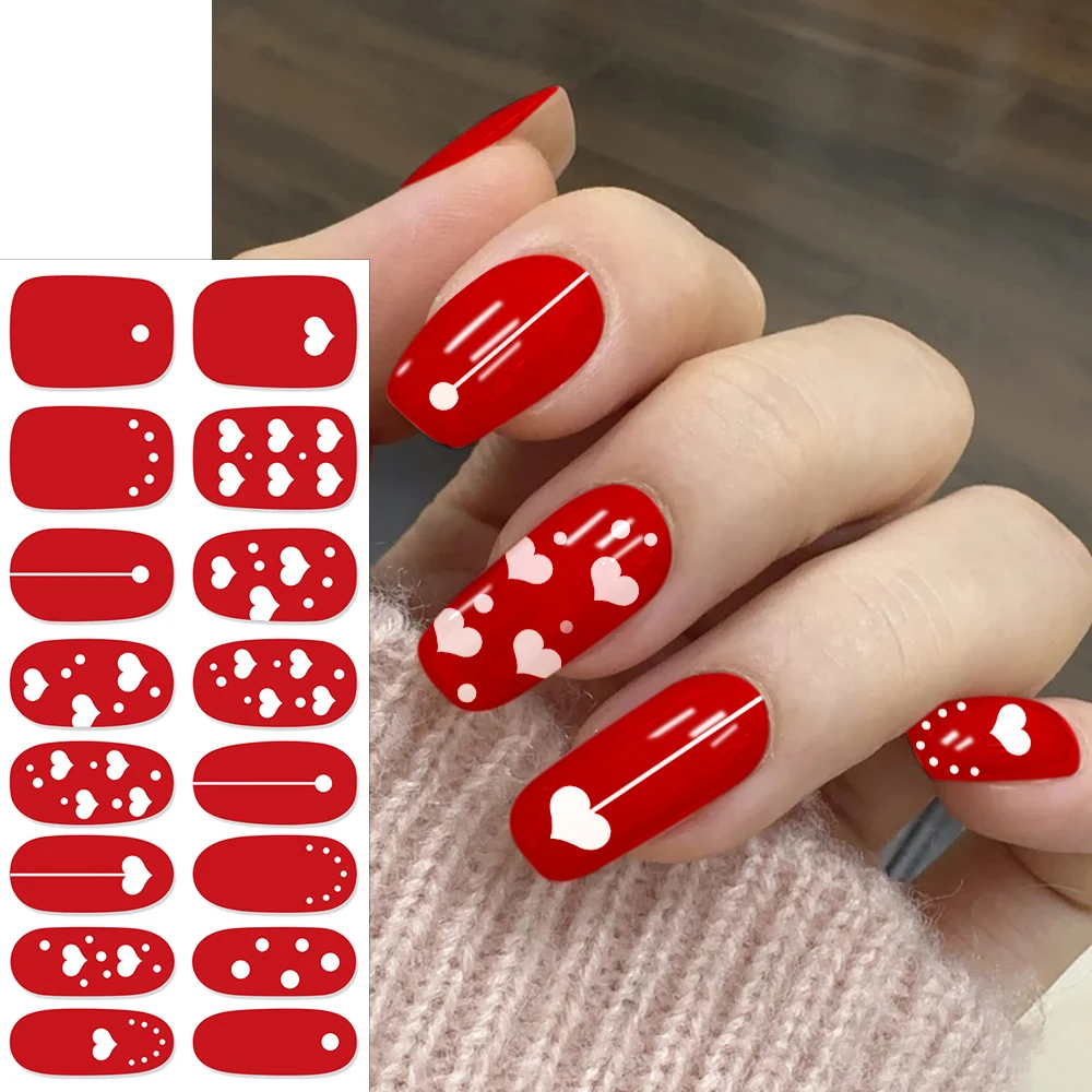 16Tips Red Semi Cured Heart Gel Nail Stickers Sweet White Love Self-adhesive Nail Strips Patch UV Lamp Need Press On Nail Wraps